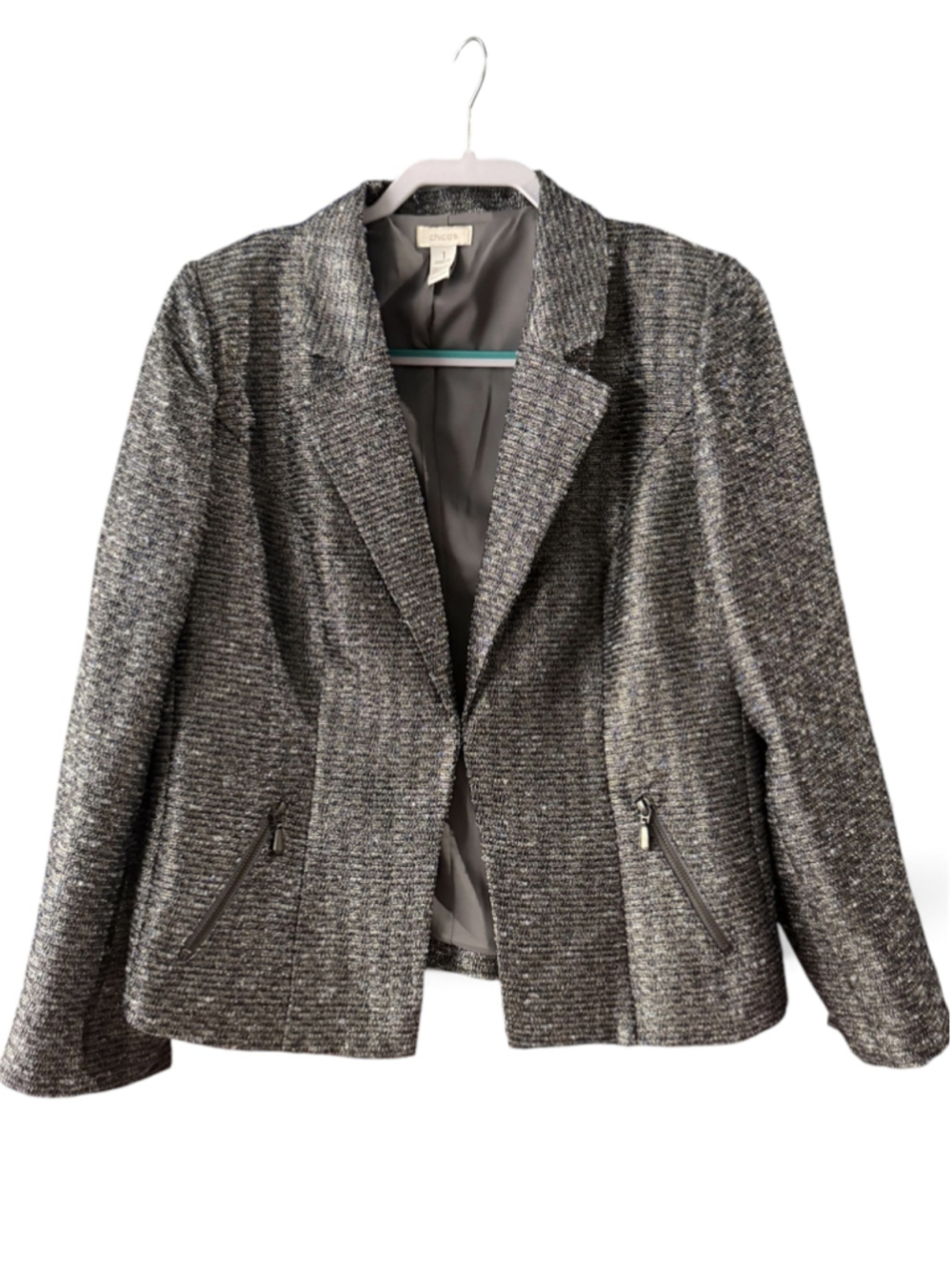 Women's Chico's Blazer Jacket Size S Grey Silver Metallic Tweed